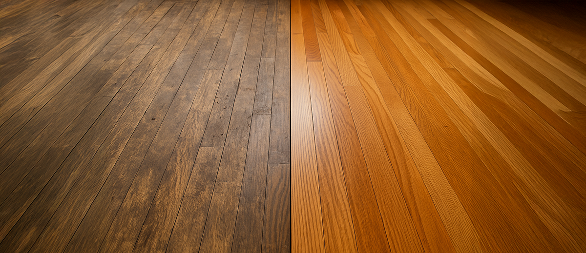 Before and after hardwood floor refinishing project in Bay Area home.