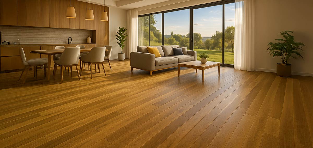 Hardwood floor installation Bay Area – luxurious wood flooring in a modern living room with natural lighting and expert craftsmanship.