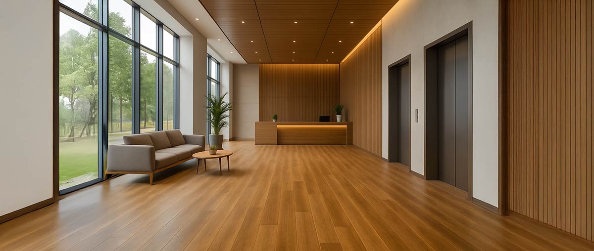 Laminate flooring installation Bay Area – modern living room with wood-look laminate.