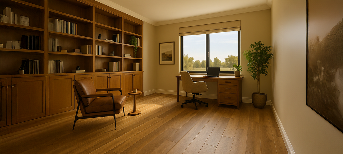 Luxury Vinyl Plank installation Bay Area – modern home office with walnut tone LVP flooring, natural lighting, and durable workspace design.