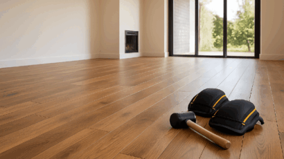 Close-up of newly installed hardwood flooring with professional tools, showcasing quality craftsmanship by JRP Flooring Inc. in the Bay Area
