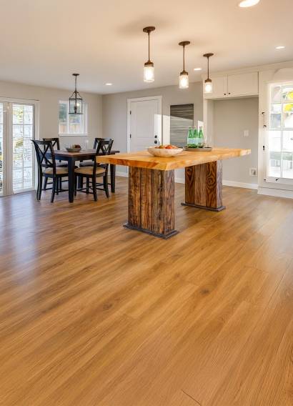 Modern kitchen and dining room with hardwood flooring installation in Bay Area home